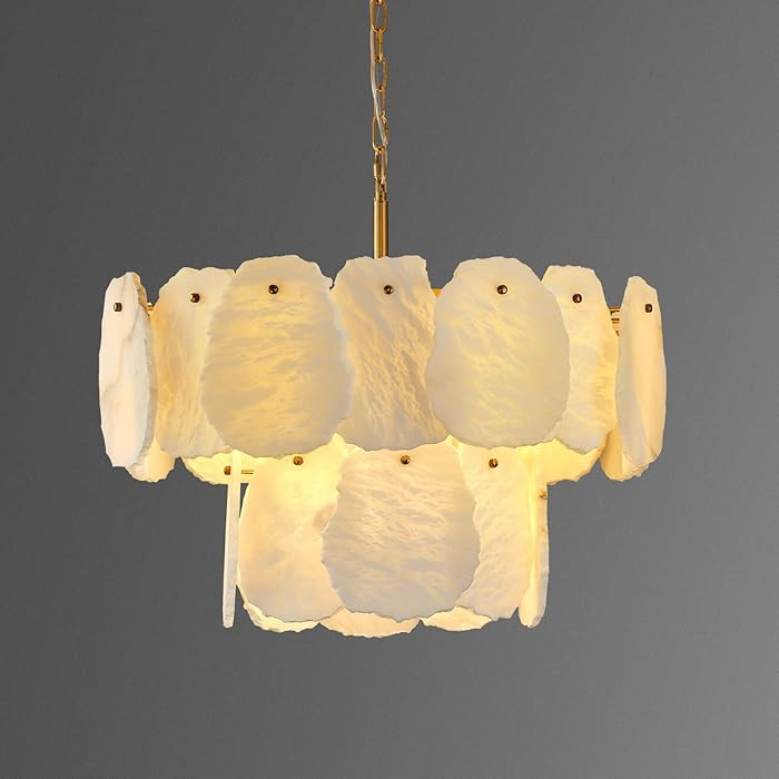 23" Alabaster Round Chandelier, 2-Tiers Natural Brass Alabaster Chandeliers, Luxury Modern White ... | Amazon (US)
