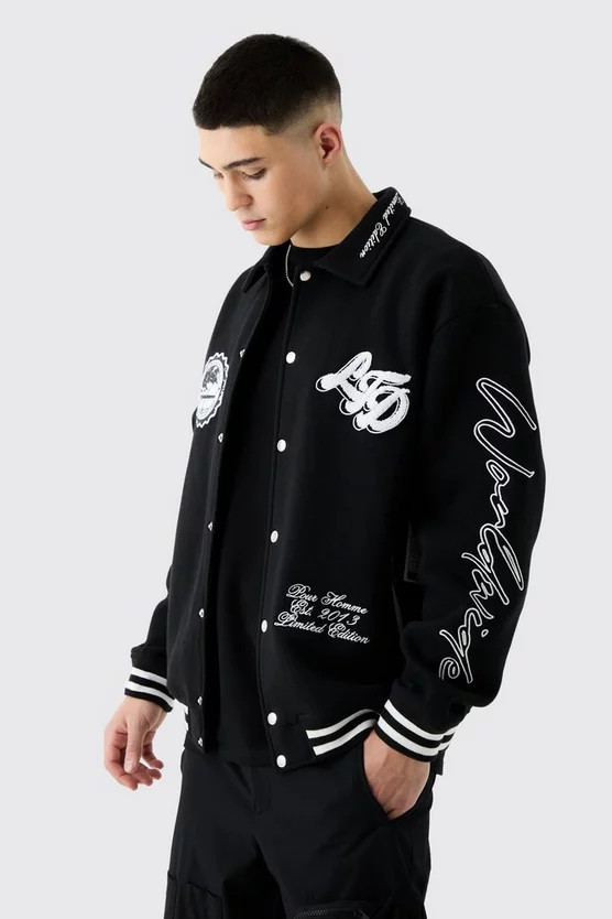 Oversized Embroidered Harrington Jersey Bomber Jacket | boohooMAN (US & Canada)