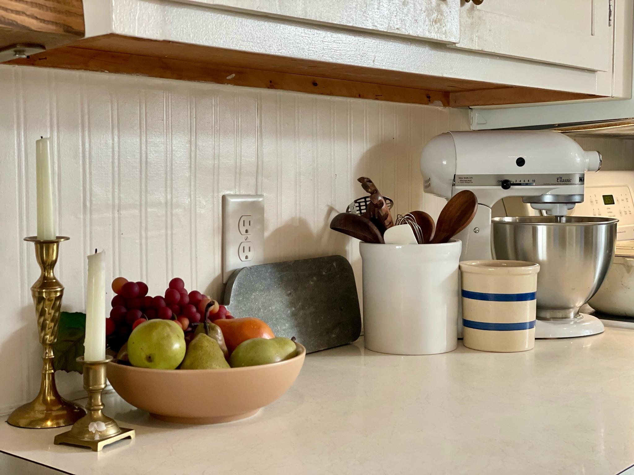 Affordable kitchen backsplash: I used pre pasted beadboard wallpaper and painted it the same color as my upper cabinets! Such a great budget friendly way to get the cottage beadboard look without all the expensive tools! 

Budget friendly home, affordable home decor, kitchen backsplash, wallpaper, paintable wallpaper, cottage home, cozy home 

#LTKFindsUnder50 #LTKHome #LTKStyleTip