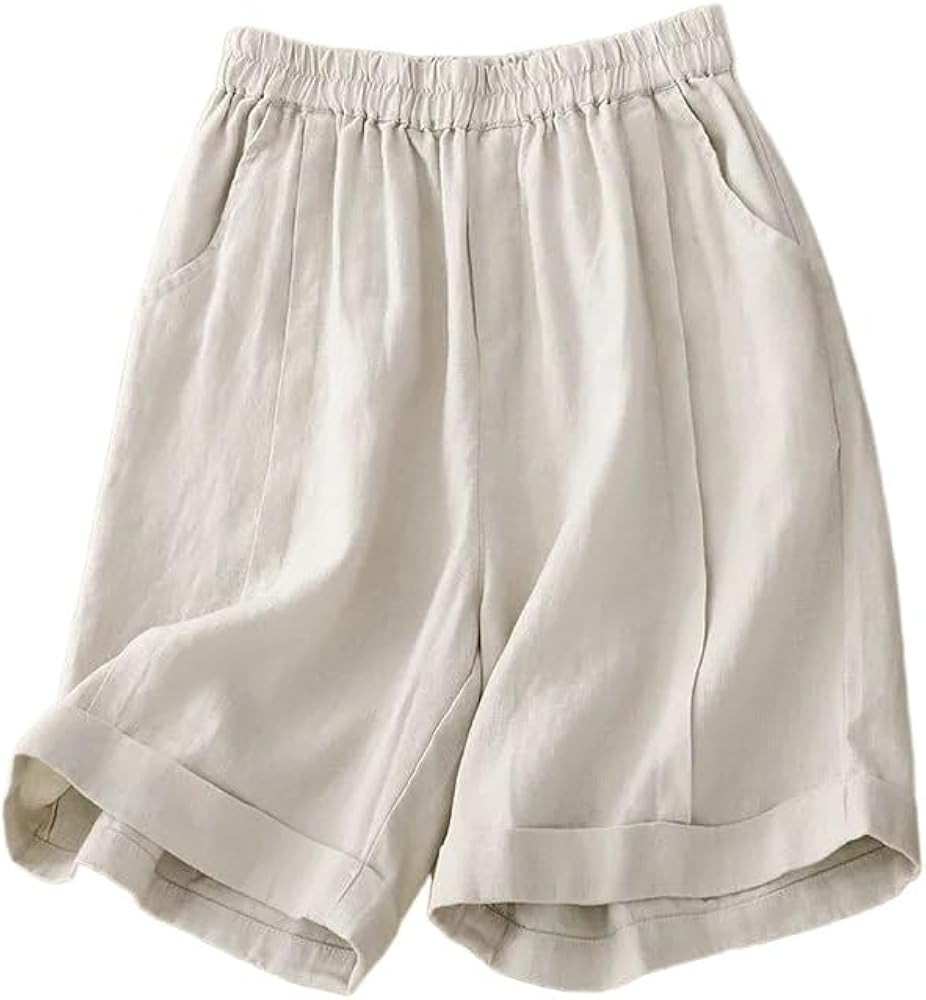 Kinghua Linen Shorts for Women Spring Summer Casual Elastic High Waisted Pleated Bermuda Dressy W... | Amazon (US)