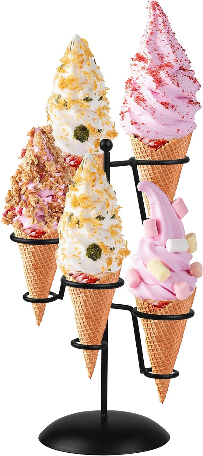 Black Iron Ice Cream Cone Holder Stand With Base 5 Holes to Display Snow Cones Sushi Hand Rolls Popcorn Candy French Fries Sweets Savory | Amazon (US)