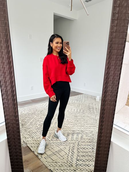 Perfect holiday athleisure outfit with the softest leggings and this cropped crewneck I have in multiple colors! Perfect for working out, lounging and more. Can be worn with a coat to make it warmer. Both fit TTS and are on sale for 25% off plus an additional 15% off with code CYBERAF

#LTKCyberWeek #LTKstyletip #LTKsalealert