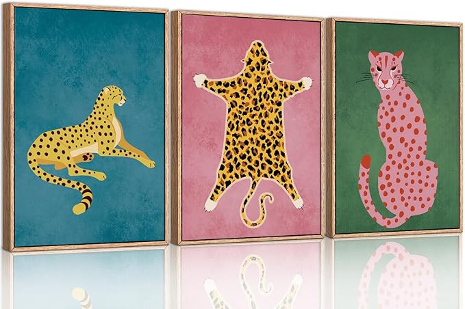 Cheetah Animals Framed Canvas Wall Art Set, Leopard Preppy Room Wall Decor, Modern Boho Cats Wall... | Amazon (US)