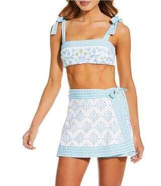 A Loves A Reversible Traditional Blooms Ivory Border Print Tie Shoulder Bandeau Swim Top & Border... | Dillard's