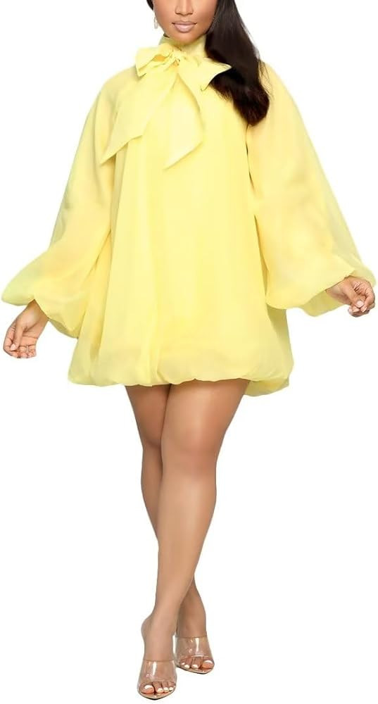 Yanfoam Women's Puff Long Sleeve Sweetheart Round Neck Dress Flowy Loose Chiffon for Cocktail Par... | Amazon (US)