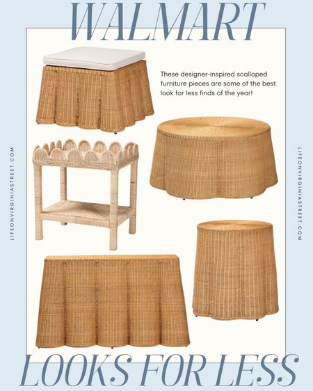 Absolutely loving these scalloped furniture look for less finds from Walmart! Other retailers sell some of these piece for thousands so these prices are excellent. I also own a few items from this brand and the quality has always been great! Includes a scalloped ottoman, scalloped wicker coffee table, scalloped rattan console table, scalloped bar cart/night stand and wavy side table! They’re perfect for a coastal living room or granmillennial decor!
.
#ltkhome #ltkseasonal #ltksalealert coastal grand style, grandmillennial furniture, rattan furniture

#LTKhome #LTKSeasonal #LTKsalealert