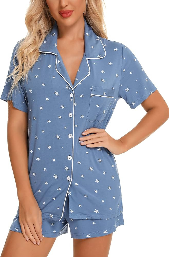 Samring Womens Pajamas Set Short Sleeve Sleepwear Button Down Nightwear Shorts Soft Pj Sets S-XXL | Amazon (US)