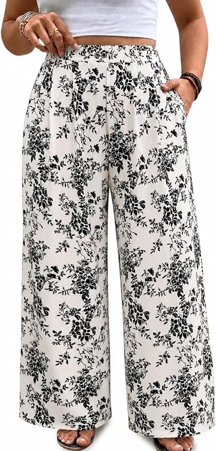 CIDER Women’s Plus Size Fashion Wide Leg Pants Palazzo Flowy Elastic Waist Pants with Pockets | Amazon (US)