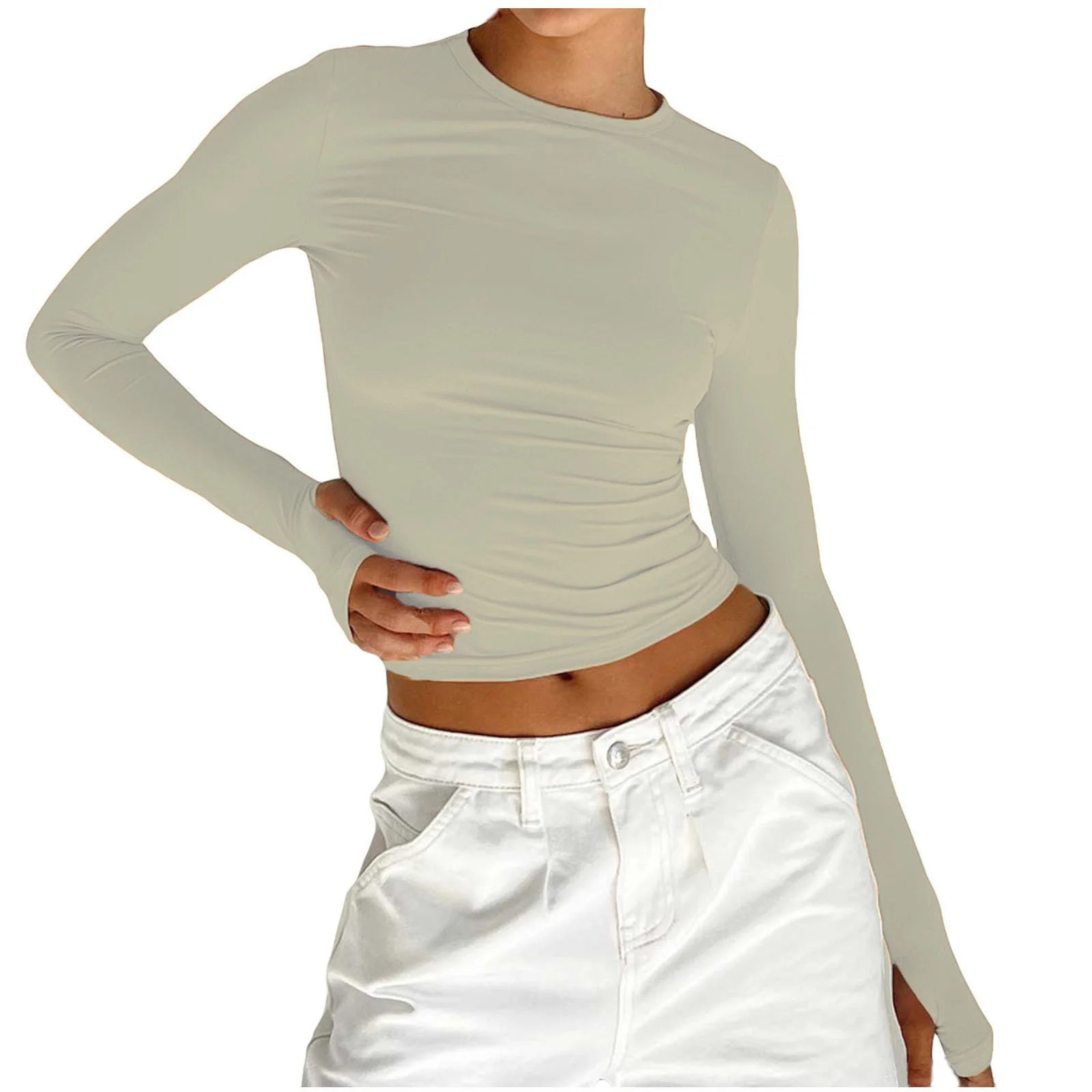 Annhoo Crop Tops for Women Long Sleeve Slim Round Neck Basic Undershirts Teen Girl Fall Casual So... | Walmart (US)