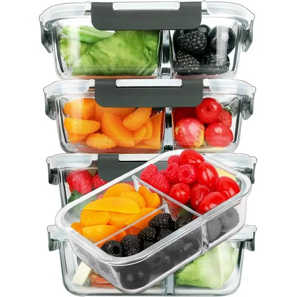 5-Pack 36 Oz, Glass Meal Prep Containers 3 Compartment with Lids, Airtight Glass Lunch Containers... | Walmart (US)
