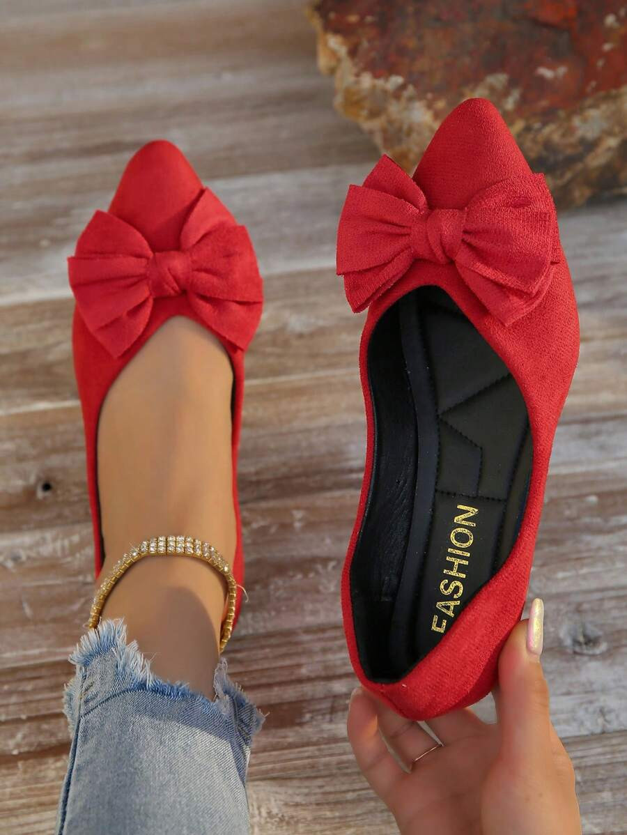 Women's Plus Size Red Pointed Toe Slip-on Flat Shoes, Fashionable & Versatile With Bowknot Detail | SHEIN