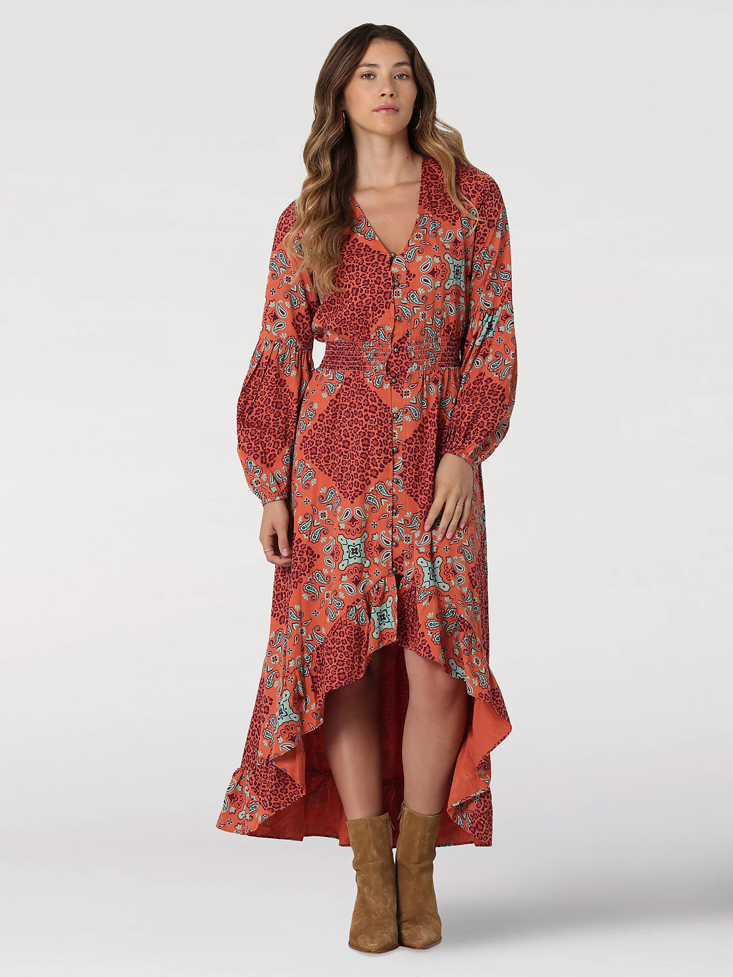 Women's Wrangler Boho High-Low Hem Midi Dress in Ginger Spice | Wrangler