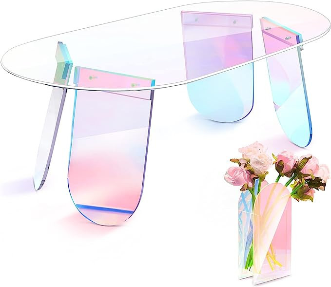 2 Pcs Iridescent Round Side Table and Vase Clear Rainbow Acrylic Coffee Table Rainbow End Table M... | Amazon (US)