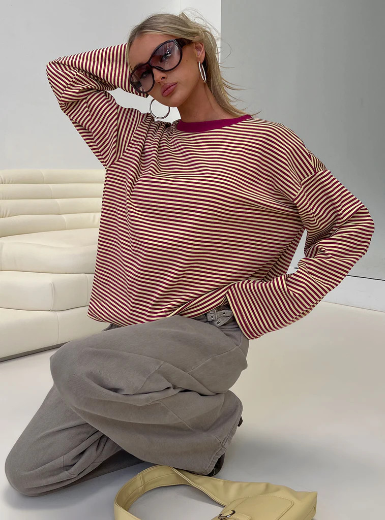 Settle Down Long Sleeve Top Lemon / Burgundy Stripe | Princess Polly US