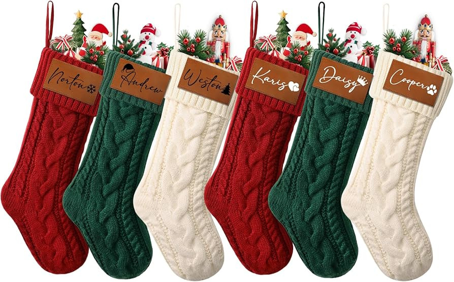 ELEGANTPARK Personalized Christmas Stockings 1 Pack Knit Christmas Stockings with Leatherette Nam... | Amazon (US)