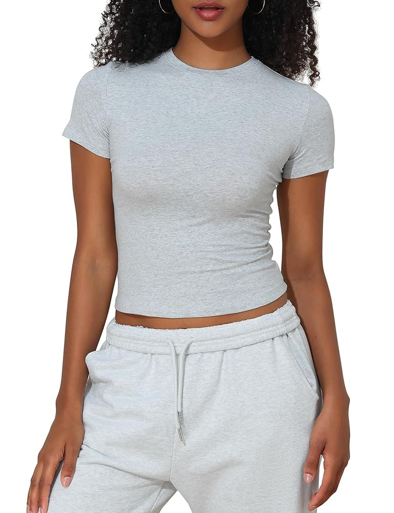 kayamiya Women's Basic Short Sleeve Cotton Shirts Slim Fit Crewneck Summer Trendy Y2k Baby Tee Cr... | Amazon (US)