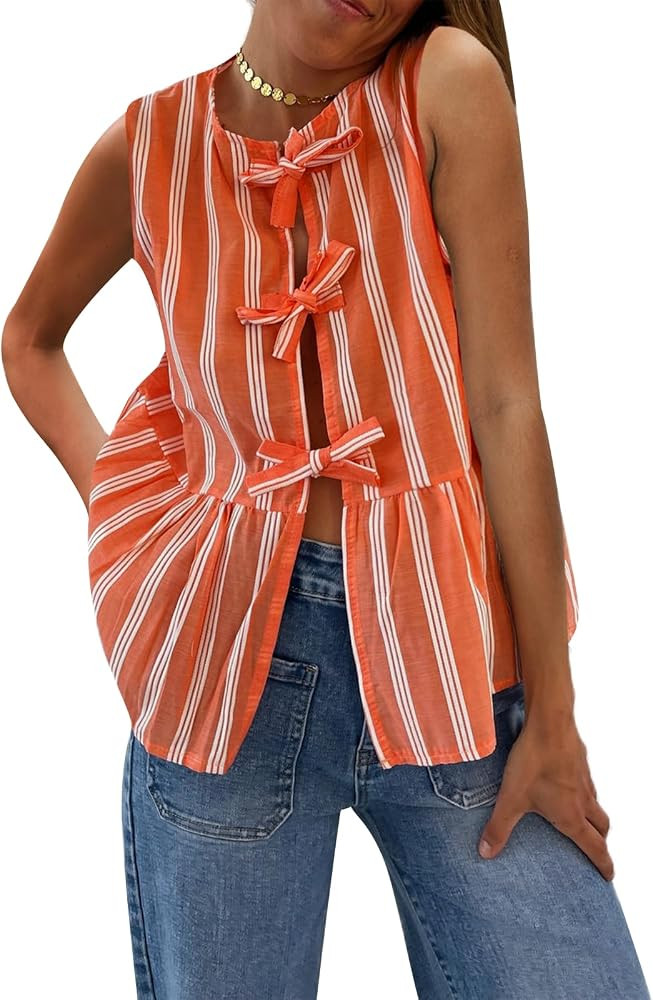 Y2k Puplum Top Women Tie Front Sleeveless Tank Camisole Ruffle Striped Going Out Babydoll Bow Ves... | Amazon (US)
