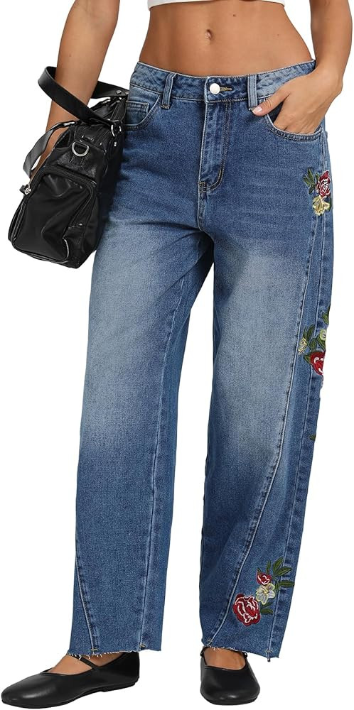 Kedera Mid Rise Barrel Jeans for Women Embroidered Wide Leg Denim Pants Boyfriend Baggy Jeans wit... | Amazon (US)