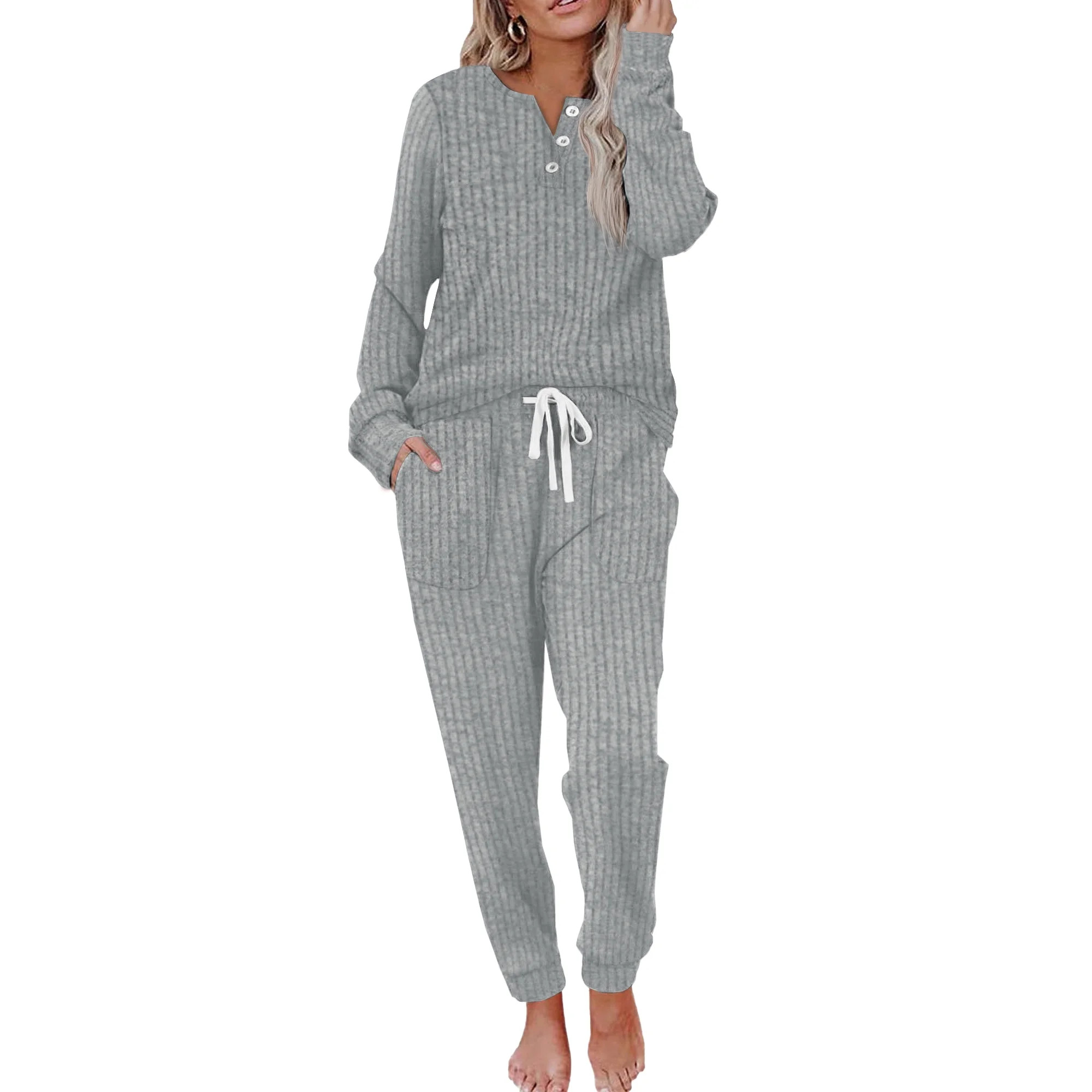 MOSHU Two Piece Womens Pajama Sets Button Down Shirts and Drawstring Pants with Pockets Solid Lou... | Walmart (US)