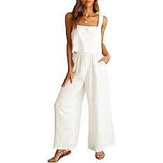 ANRABESS Women's 2 Piece Outfits Square Neck Linen Tank Crop Top Wide Leg Pants Matching Lounge S... | Amazon (US)