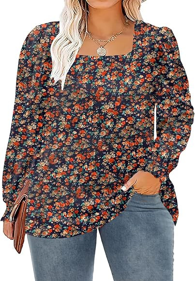 VISLILY Plus-Size-Tops for Women 2023 Square Neck Puff Long Sleeve Shirts Trendy Blouses Casual T... | Amazon (US)