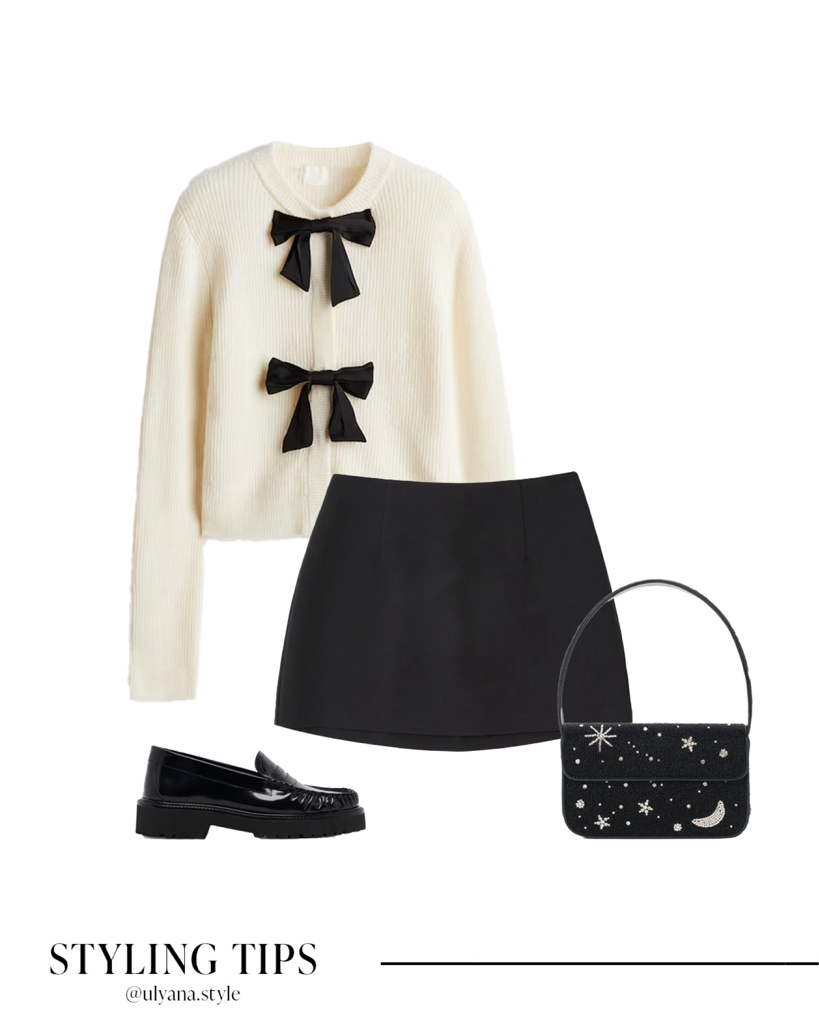 Chic holiday outfit, anyone? 🎀✨ This front bow cardigan paired with a classic black mini skirt, loafers, and a studded handbag is giving timeless elegance with a festive twist! Perfect for holiday brunches, gift shopping, or a casual holiday party. 🖤🎄
.
.
.
.
.
.
.
Fall outfits | fall fashion | fall shoes | holiday outfits | holiday party outfits | holiday looks | sweater and skirt | bow sweater | cardigan sweater | holiday sweater | black skirt outfit | holiday skirt | mini skirt outfit | black loafers | chunky loafers | black evening bag | designer bags 


#LTKGiftGuide #LTKParties #LTKU #LTKFindsUnder50 #LTKSaleAlert #LTKFindsUnder100 #LTKTravel #LTKSeasonal #LTKItBag #LTKShoeCrush #LTKWorkwear #LTKHoliday #LTKStyleTip