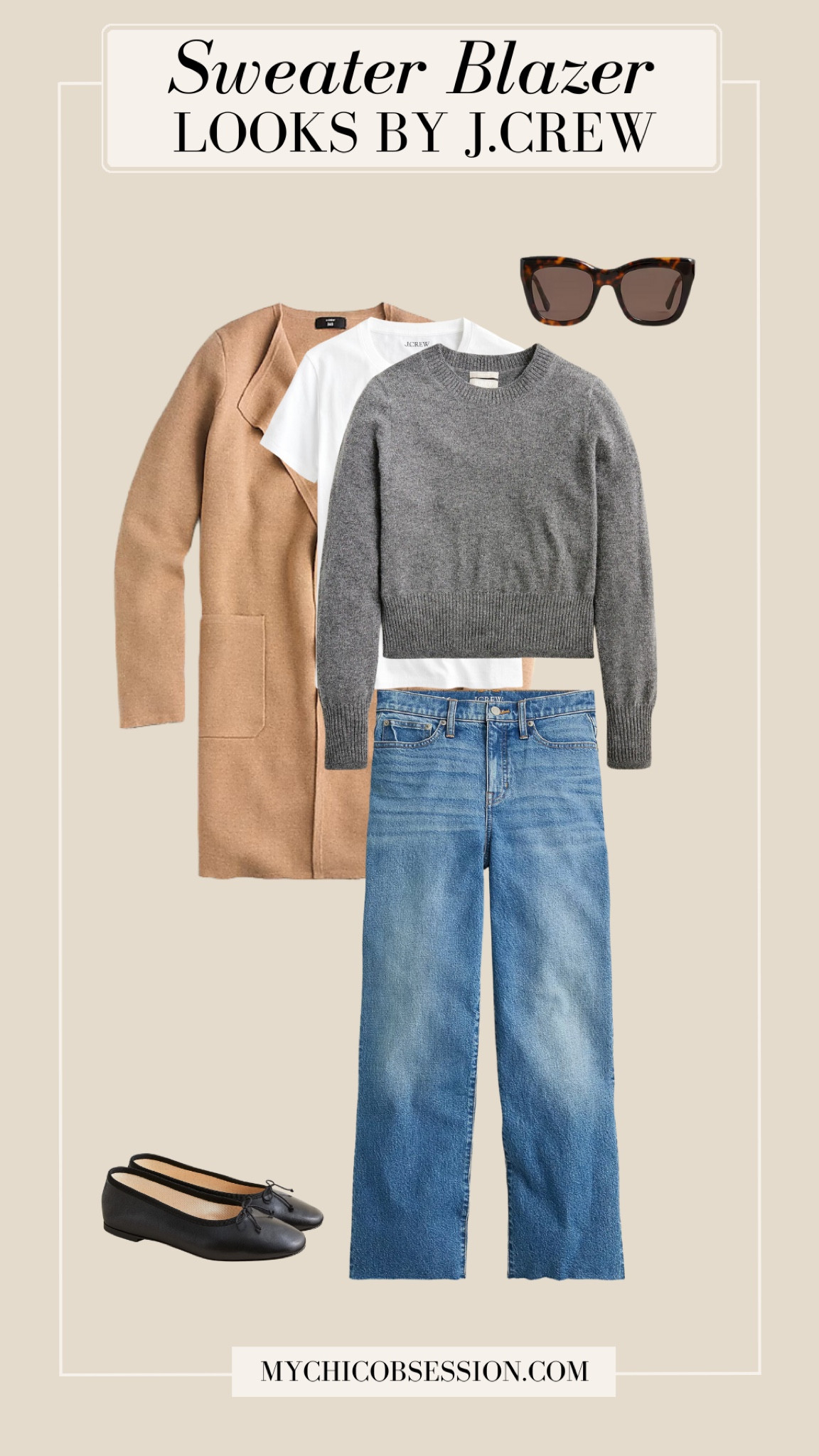 This fall look is the perfect combination of capsule wardrobe pieces. Pair a cashmere pulllover sweater with a white tee, classic blue jeans, and the J.Crew sweater blazer. A chic pair of sunglasses and ballet flats complete the casual fall outfit.

#LTKShoeCrush #LTKStyleTip #LTKSeasonal