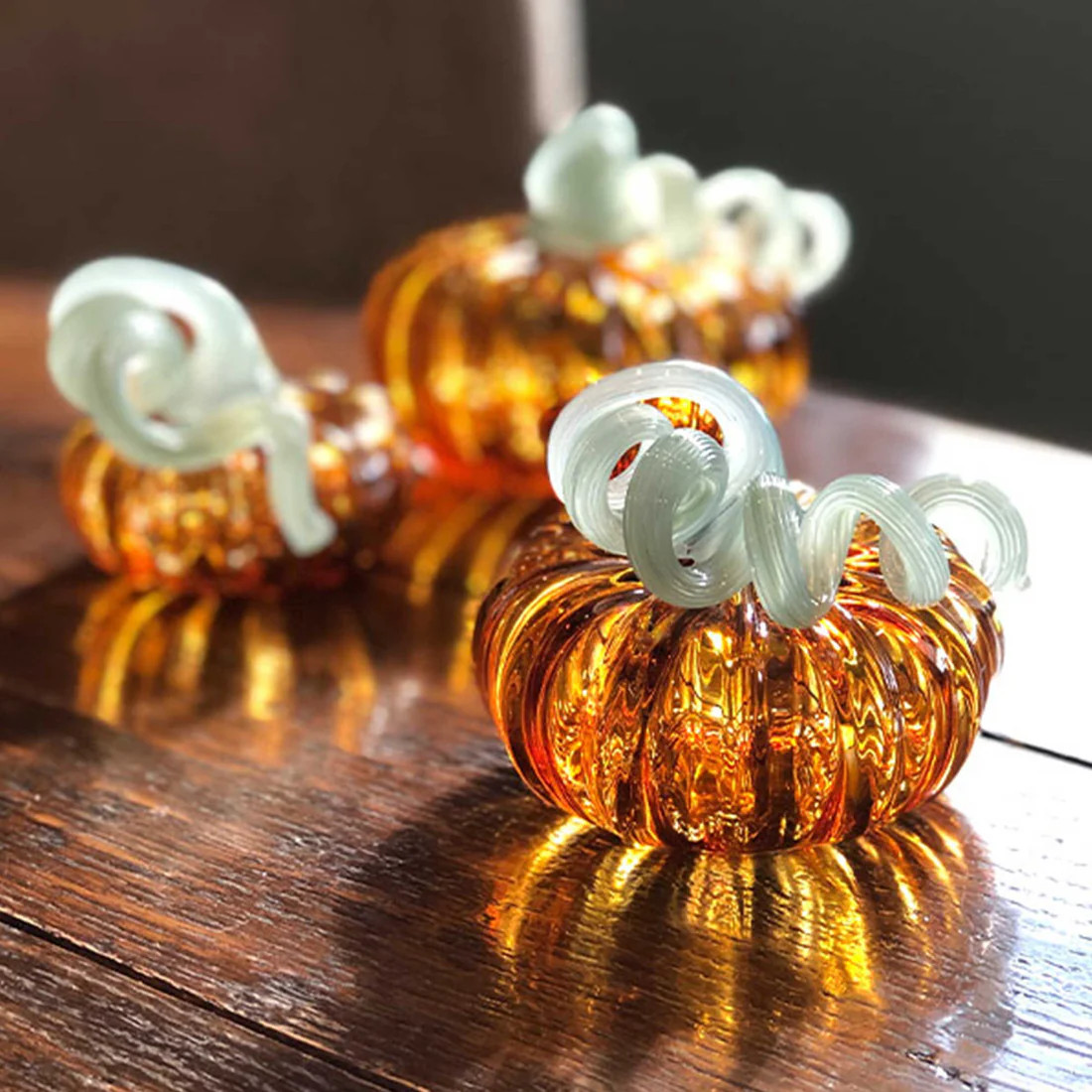 Amber Glass Small Pumpkin with Teal Stem | Mariposa