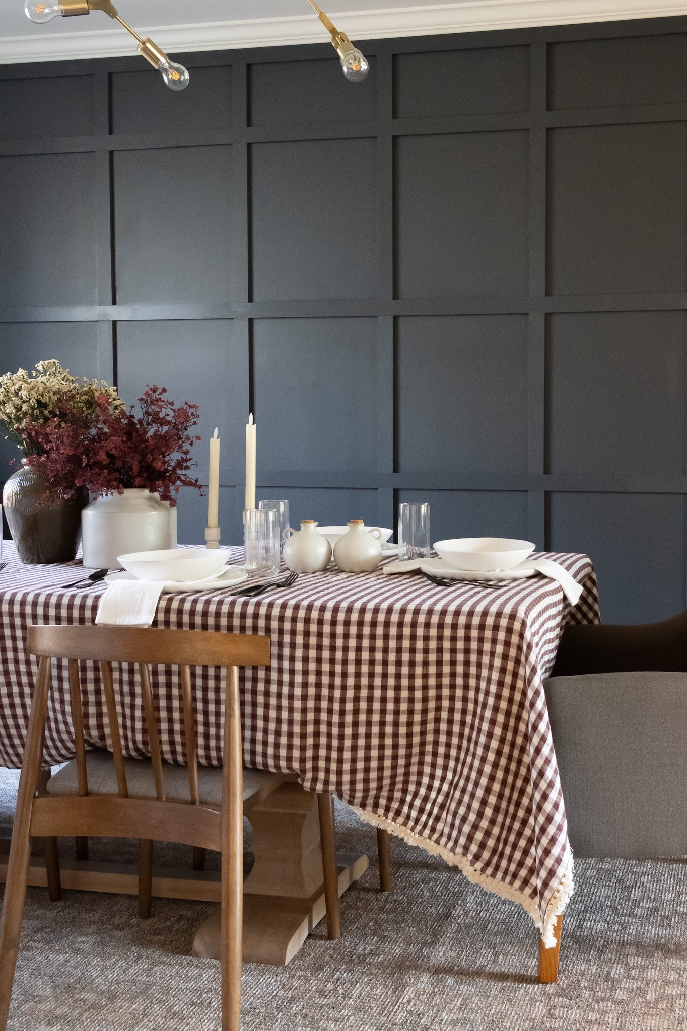 Thanksgiving tablescape.  Holiday table decor.  Dining room.  Tablecloth.  Chairs.  Candlesticks.  Tableware.  Dishes.  Glasses.  Vases.  Area rug.  Candles.  McGee and Co.  Home Depot.  Fable.  Target.  Studio McGee.

#LTKSeasonal #LTKHoliday #LTKhome