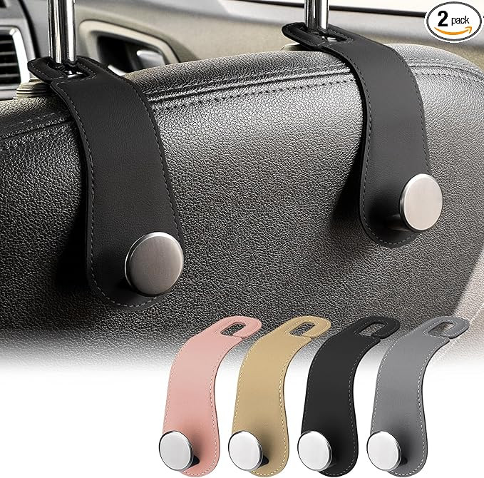 Car Headrest Hooks, 2 Pack Leather Car Seat Storage Hanger for Purses Bags, Stylish Car Seat Orga... | Amazon (US)