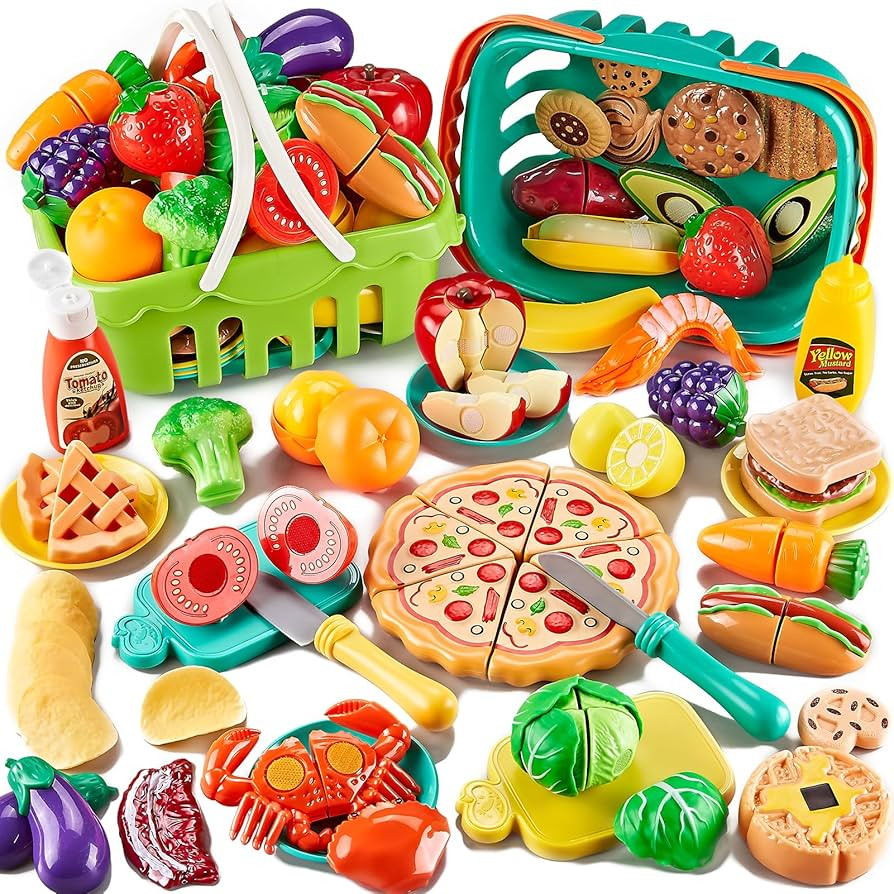 85Pc Pretend Play Food Sets for Kids Kitchen, Cutting toy food with 2 Baskets, Play Kitchen Acces... | Amazon (US)