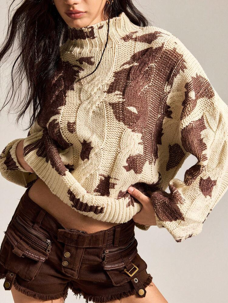Fashionable Colorblock Drop Shoulder Sweater, Autumn And Winter Sweater Cow Pattern Pullover Knitted Sweater 2025 Festival Style All-Match | SHEIN