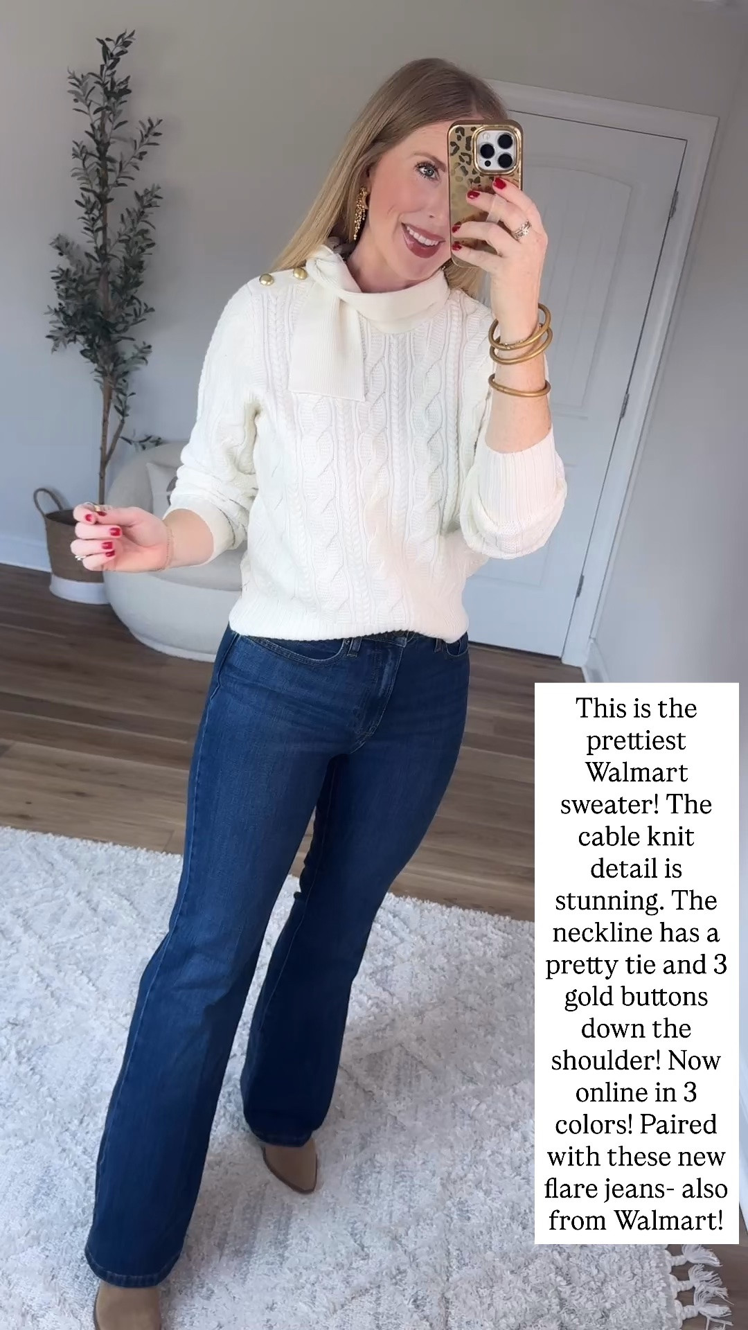 Walmart outfit with this cute turtleneck sweater and flare jeans