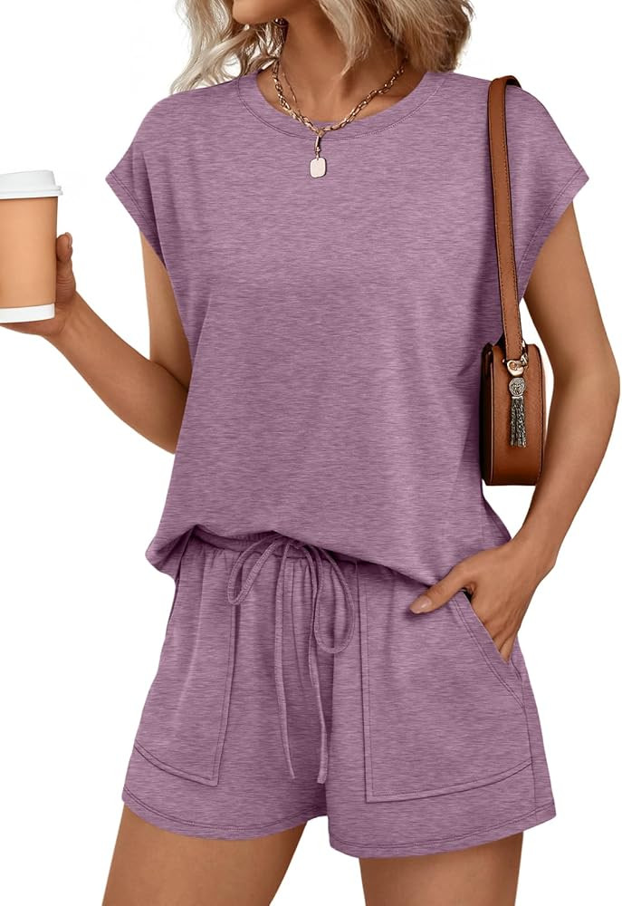 AUTOMET Womens Crew Neck Two Piece Short Sets Cap Sleeve Drawstring Summer Sweatsuit with Pocket | Amazon (US)