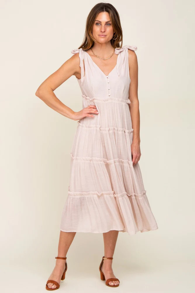 Beige Linen Button Front Shoulder Tie Tiered Midi Dress | PinkBlush Maternity