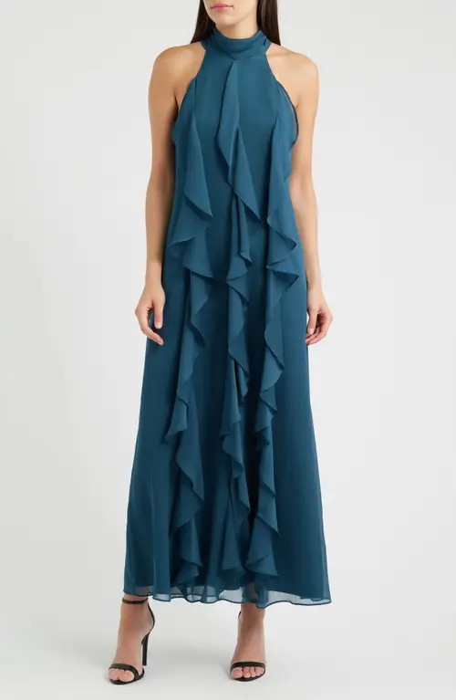 Eliza J Cascade Ruffle Halter Gown in Teal at Nordstrom, Size 0 | Nordstrom
