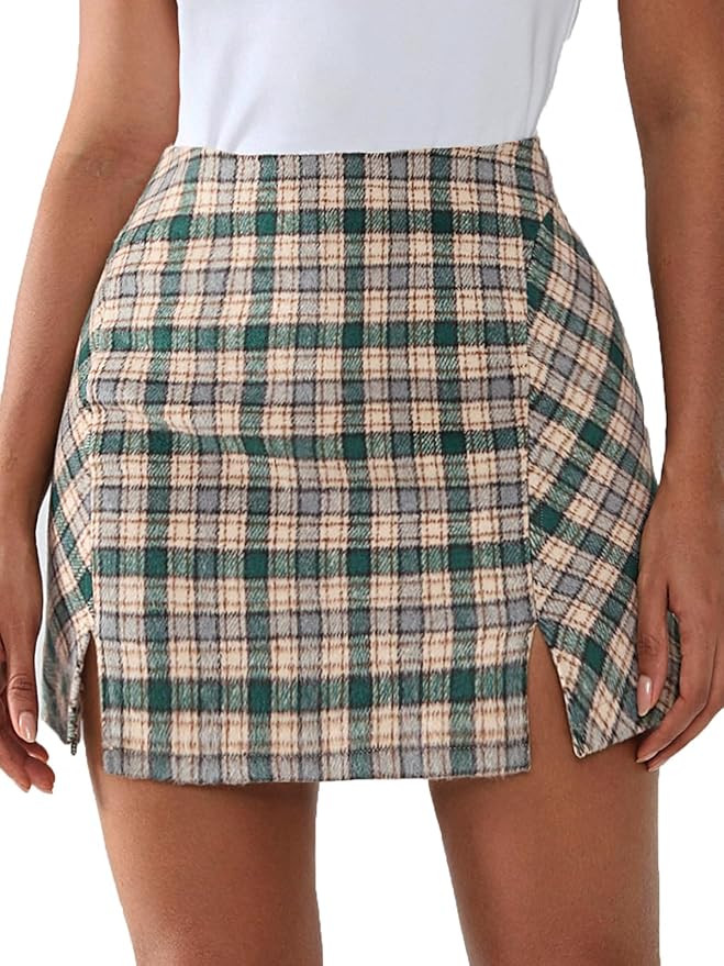EXLURA Women's Fashion Faux Wool Mini Skirt High Waisted Y2K Trendy Side Slit Tweed Plaid Skirts ... | Amazon (US)