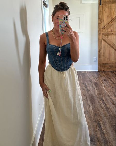 Restock alert! My fave denim corset in size 4 and linen skirt in size XS! Use code KRISTINA20