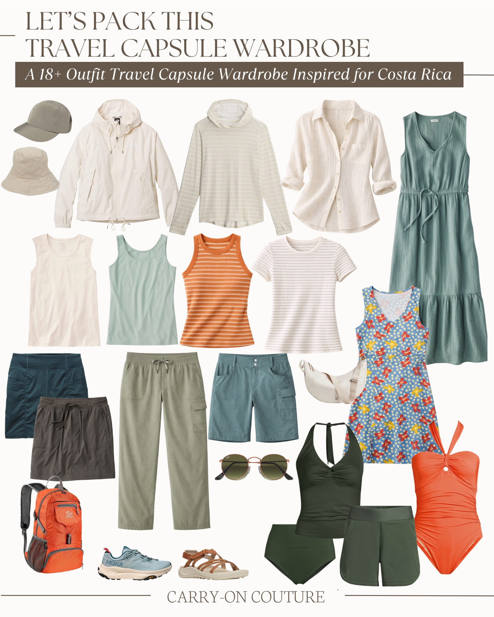 What to Pack for Costa Rica (February–April)

This 18+ outfit travel capsule wardrobe was built for Costa Rica’s dry season, when days are hot, sunny, and active—and evenings stay warm but casual.

Expect daytime highs in the mid-80s°F to low-90s°F, with nights in the low-70s°F. Rain is minimal in February and March, with a slightly higher chance of short showers in April. I focused on breathable, quick-dry fabrics, sun coverage, and pieces that work for beach days, light hiking, towns, and casual dinners without overpacking.

You’ll notice lightweight tanks and tees, easy shorts and cropped pants, and airy dresses that can handle heat without feeling fussy. A light rain shell is a smart choice for surprise showers or breezy boat days, and long-sleeve layers helps with sun protection and cooler mornings in higher elevations. Footwear stays practical: supportive sneakers or hikers, walkable water-friendly sandals for excursions.

Not headed to Costa Rica? This capsule also works well for Belize, Panama, southern Mexico, Hawaii, the Florida Keys, or the Caribbean—any warm destination where heat, humidity, and active days call for functional clothing that still looks pulled together.  Here’s your packing list for Costa Rica:
➡️ 6 Tops: breathable tanks and tees + two lightweight long-sleeve
➡️ 4 Bottoms: quick-dry skorts + shorts + lightweight cropped pants
➡️ 2 Dresses: easy, heat-friendly styles
➡️ 2 Swim Sets appropriate for active days in the water
➡️ 1 Outer Layer: packable rain jacket
➡️ 2 Shoes: supportive sneakers/hikers, walkable water friendly sandals
➡️ Accessories: sun hat, sunglasses, lightweight tote, crossbody and backpack

Everything mixes and matches into more than 18 outfits, and the best part — it all fits in your carry-on suitcase.

⭐️ My travel capsules are created using research, personal travel experience, and my own style preferences. I do my best to account for weather and real-life travel needs, but every trip is different. Use these as a fun starting point, not rigid rules. Take what works, leave what doesn’t, and make it your own.

#LTKTravel #LTKOver40