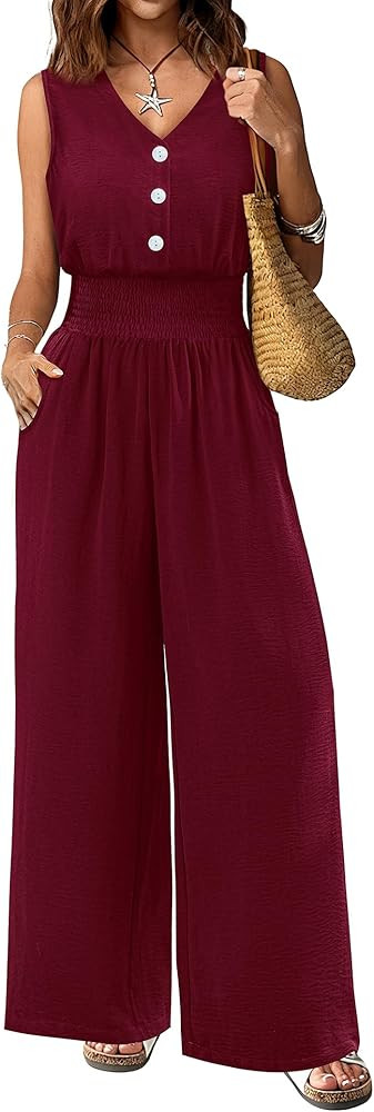 LOOKBOHO Women Jumpsuit Dressy Summer Rompers Casual Wide Leg Pants Sleeveless V Neck 2026 Elegan... | Amazon (US)