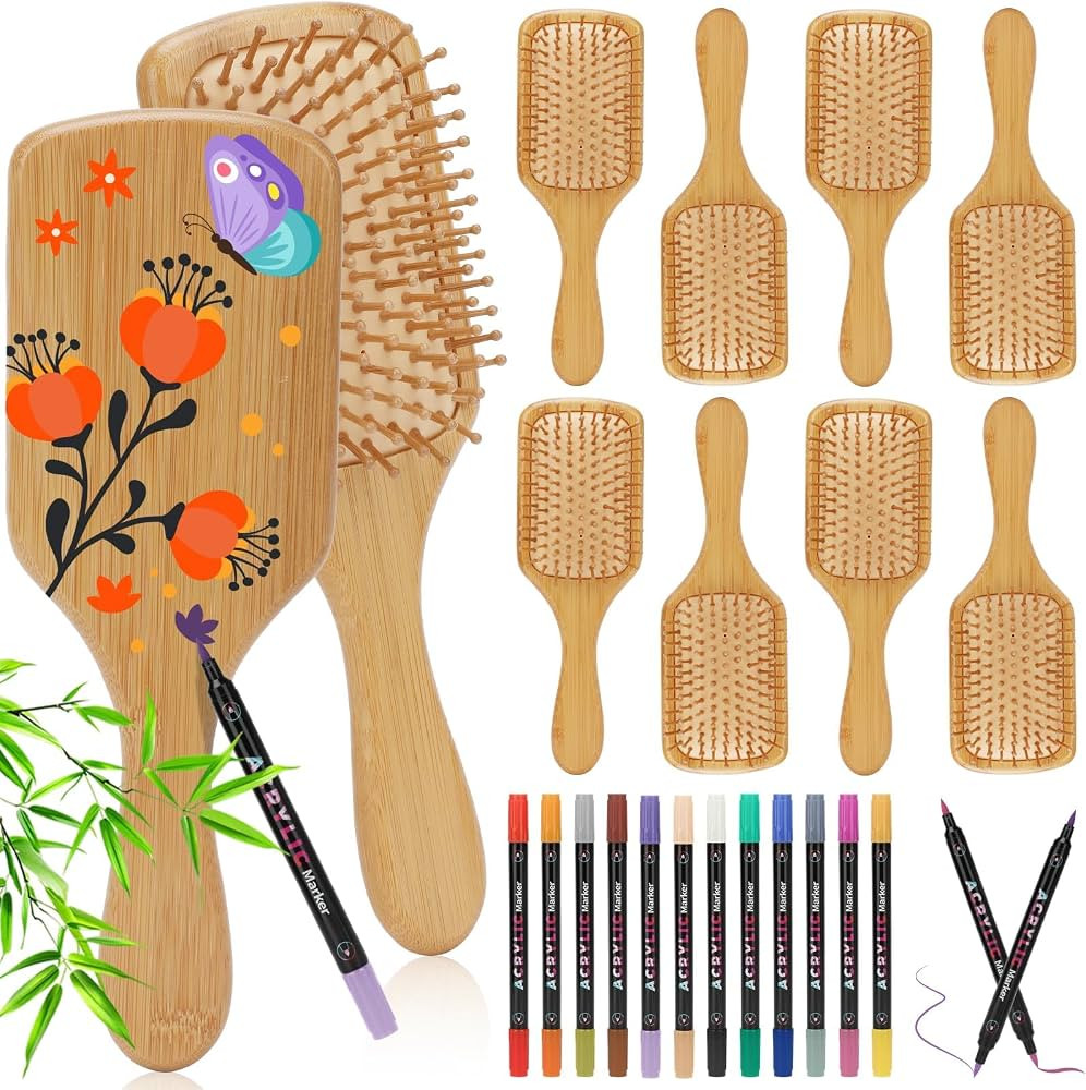 SAYAYA 8 PCS Bamboo Hair Brush Bulk for Massaging Scalp Natural Wooden Paddle Hairbrush with 12 M... | Amazon (US)