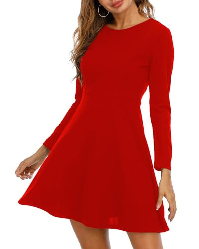 Jusfitsu Womens Long Sleeve Dress Casual Simple Dresses A-Line Midi Length Skirt Slim Fit Skater Dress Red S | Amazon (US)