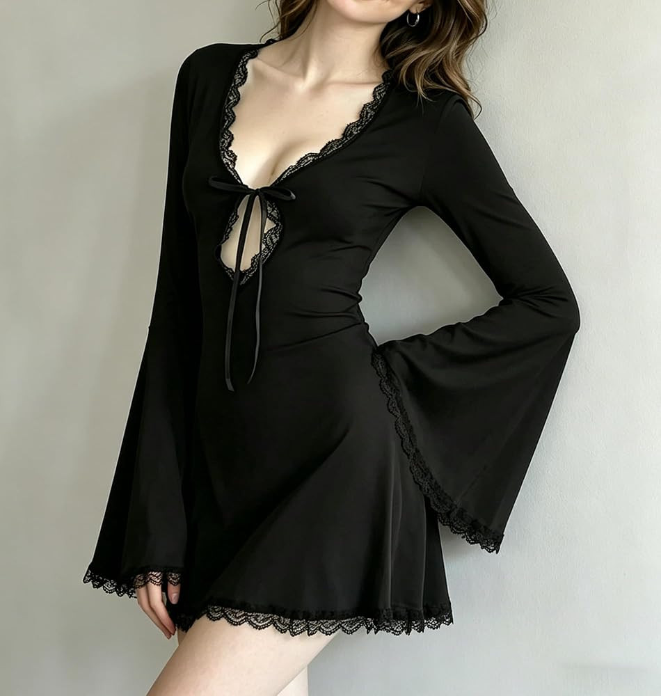 Amazon.com: Women's Lace Trim Flare Sleeve Mini Dress Lace Trim Bell Sleeve Keyhole Tie Dress for... | Amazon (US)
