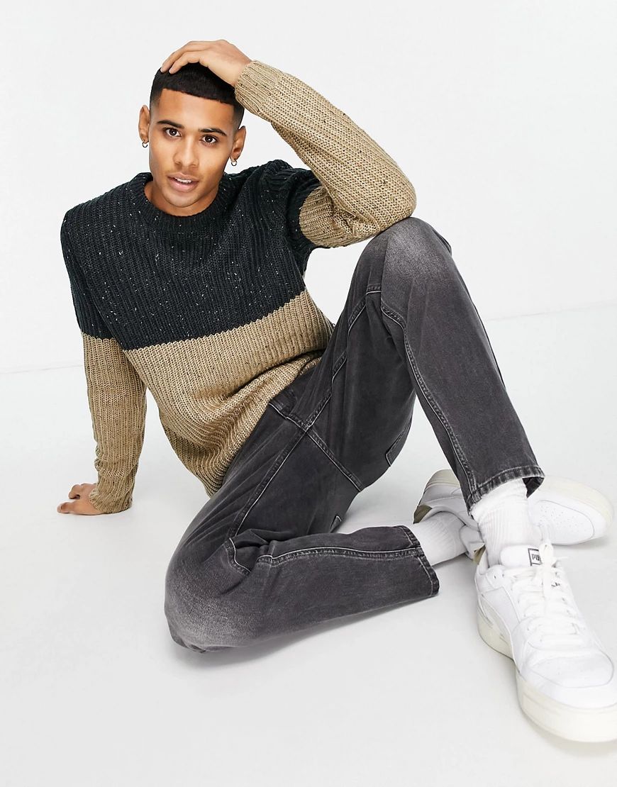Only & Sons chunky knitted sweater in two tone navy and beige-Multi | ASOS (Global)