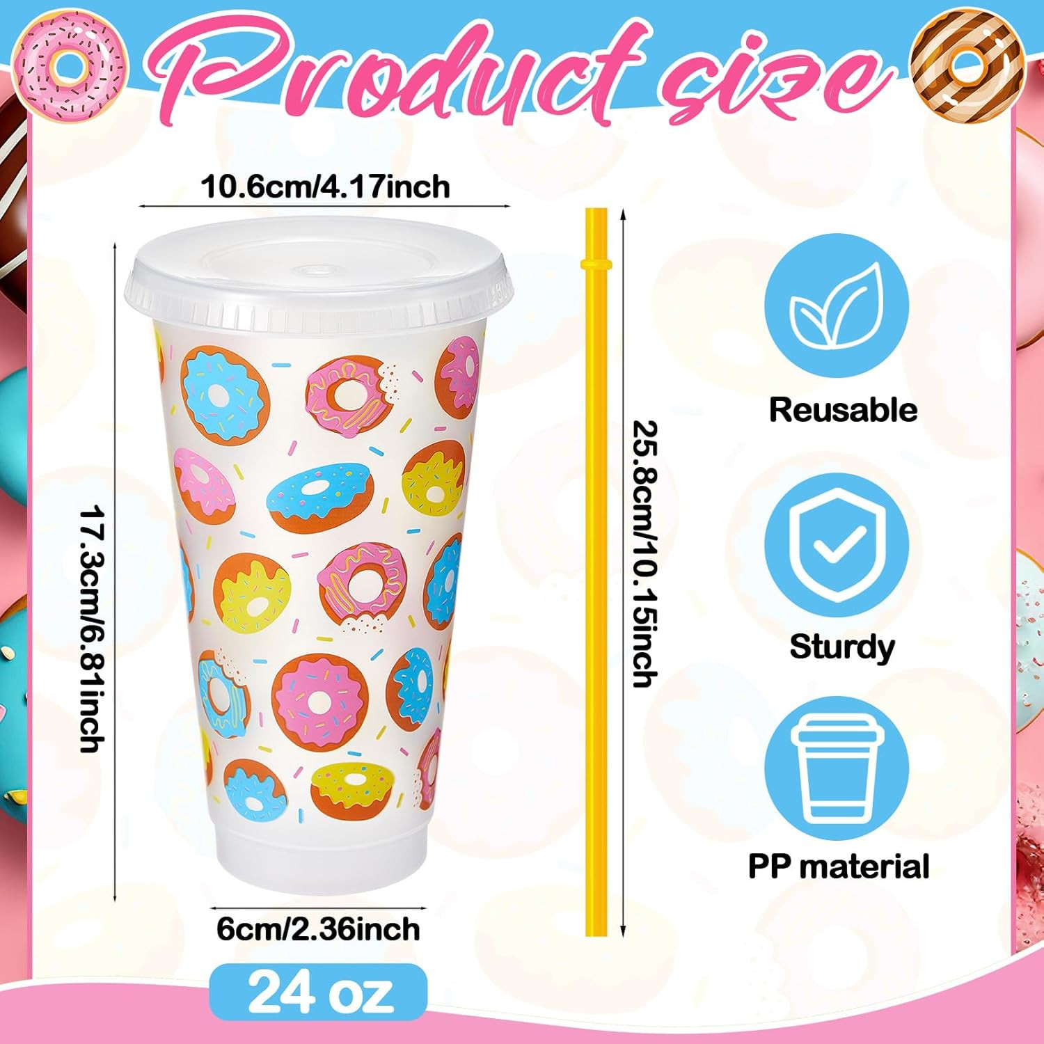 12 Pcs Plastic Donut Cups 24oz Reusable Donut Time Tumbler with Lid and Straw Doughnut Theme Drin... | Amazon (US)