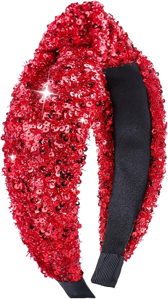 Sequin Knotted Headbands, Red Hair Hoop Sparkly Hair Bands for Women Girls, Glitter Wide Hair Ban... | Amazon (US)