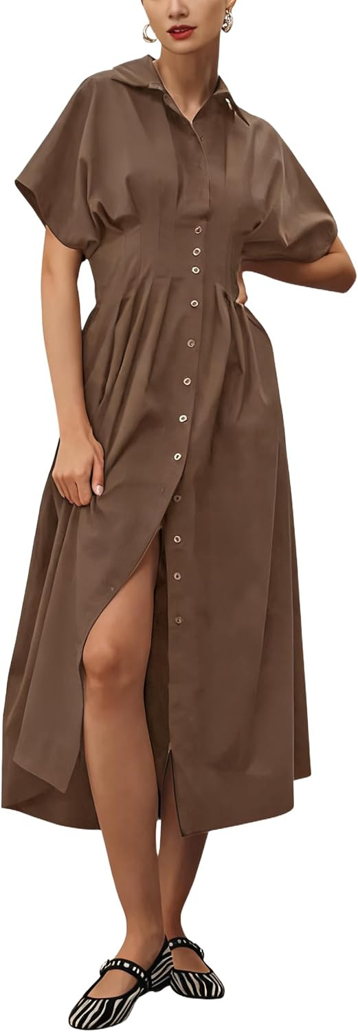 Yeokou Shirt Dress for Women Summer Casual Short Sleeve Button Down Loose Pleated Maxi Sundress with Pockets | Amazon (US)