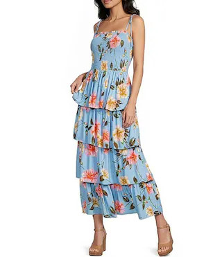 Tiered Ruffle Floral Printed Square Neck Sleeveless Tie Shoulder Maxi Dress | Dillard's