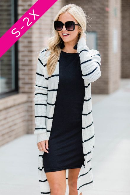 Neutral Territory White/Black Striped Duster Cardigan | The Pink Lily Boutique