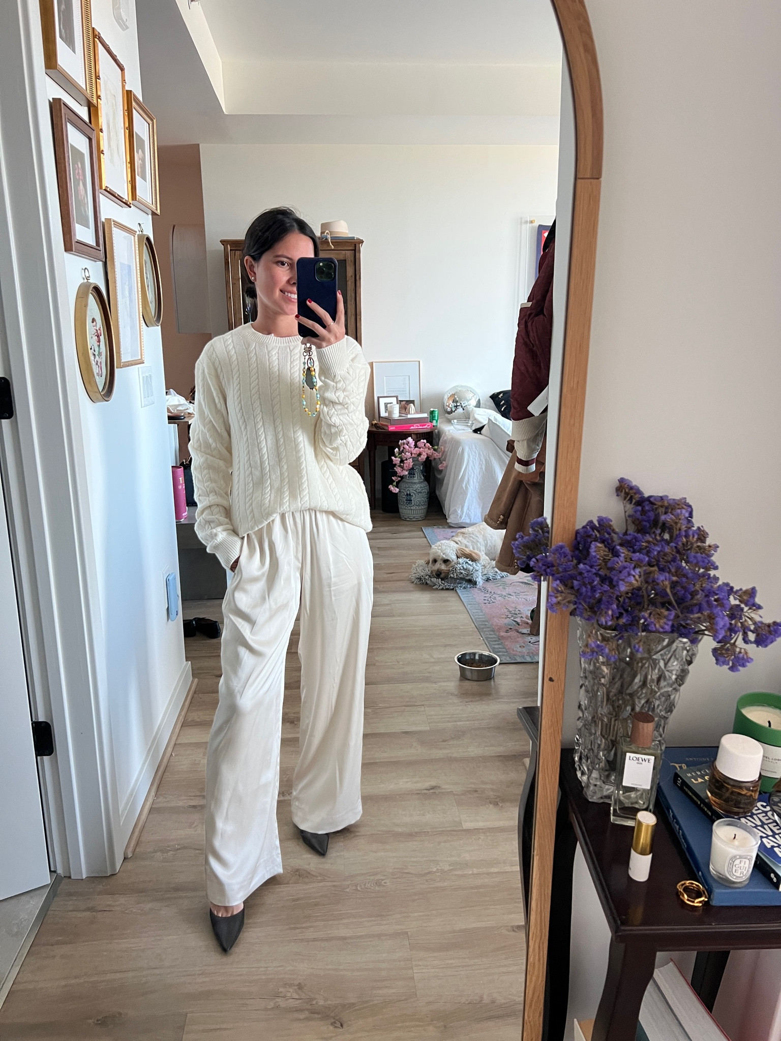 White satin pants, silk pants, cableknit sweater, all white winter outfit 

#LTKPetite #LTKFindsUnder100